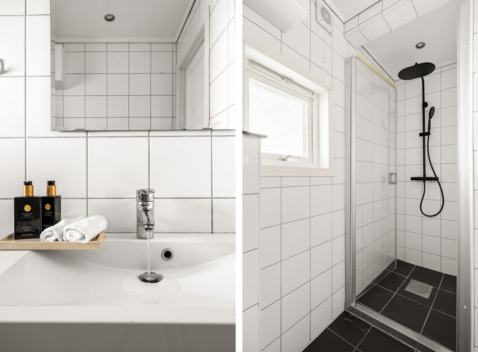Badet inneholder vegghengt WC, dusjnisje med glassdør, samt servant med møblement. Galleribilde
