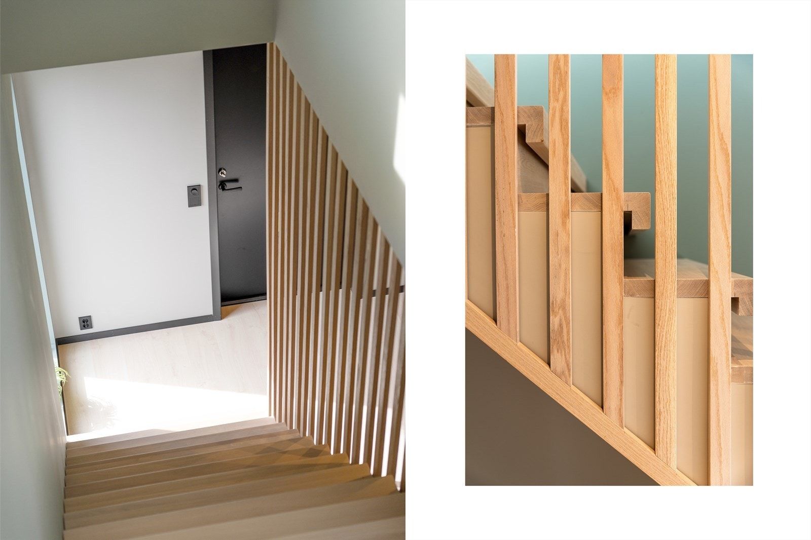 Innvendige trapper er oppført i tre med inntrinn i heltre - trappen mellom 1. og 2. etasje har også elegante eikespiler Galleribilde