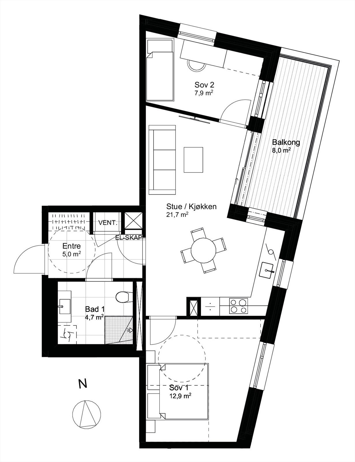 Plantegning A-201. Det medfølger kjellerbod på ca. 5 m². Det medfølger garasjeplass til leiligheten. Galleribilde