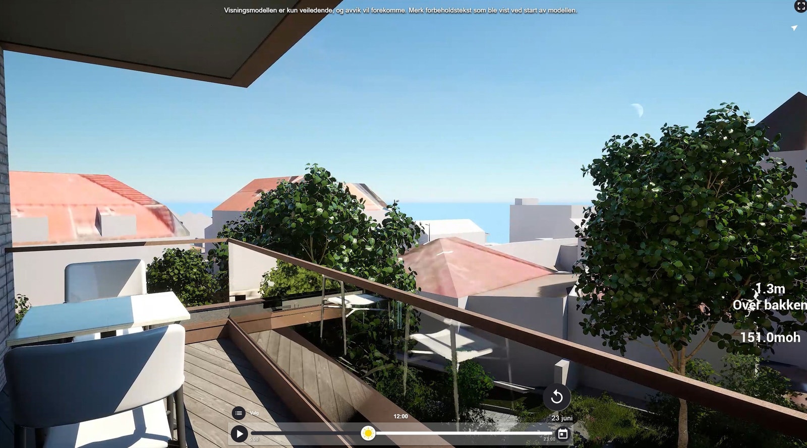 Illustrasjon | Utsyn fra den sørøstvendte balkongen på ca. 8 m². Ifølge prosjektets simulator er det sol på balkong fra tidlig morgen til rundt kl.13 midtsommersAvvik kan forekomme. Galleribilde