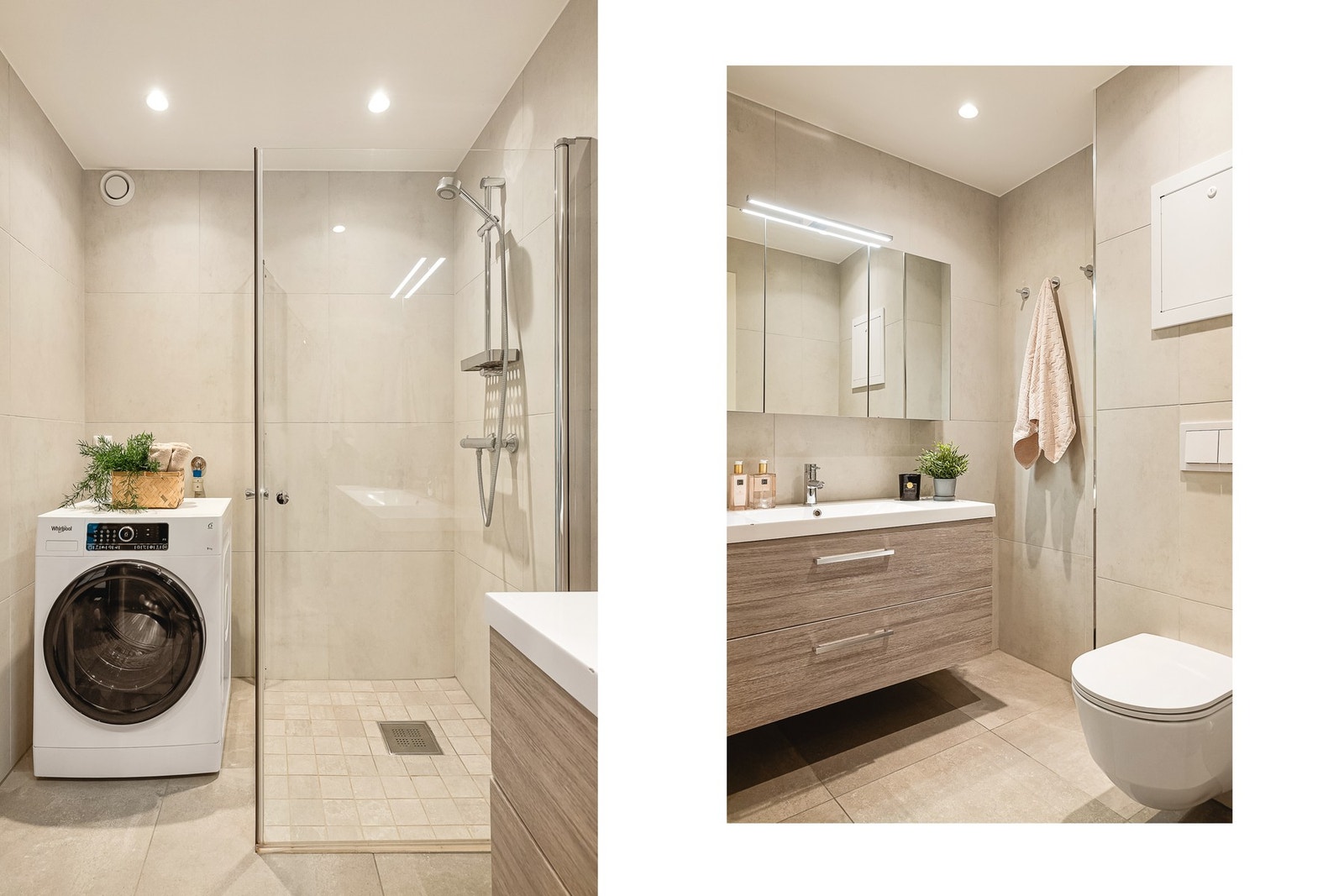 Badet måler 5 kvm, er helfliset og innredet med moderne baderomsmøblement Galleribilde