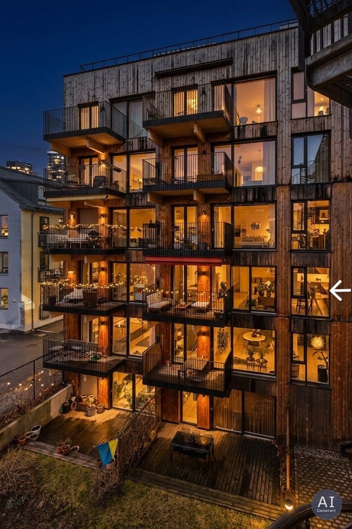 Byggets unike arkitektur med bærende konstruksjoner i massivtre. Galleribilde