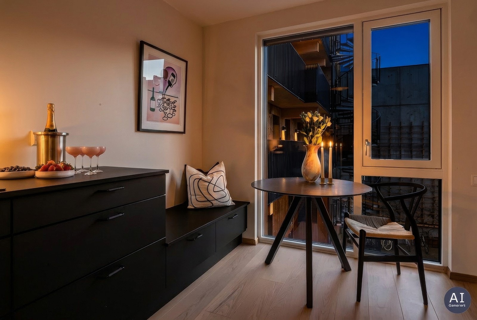 En hyggelig spiseplass ved vinduet for frokost eller en kaffekopp. Det er tidsriktig innredning fra HTH. Galleribilde