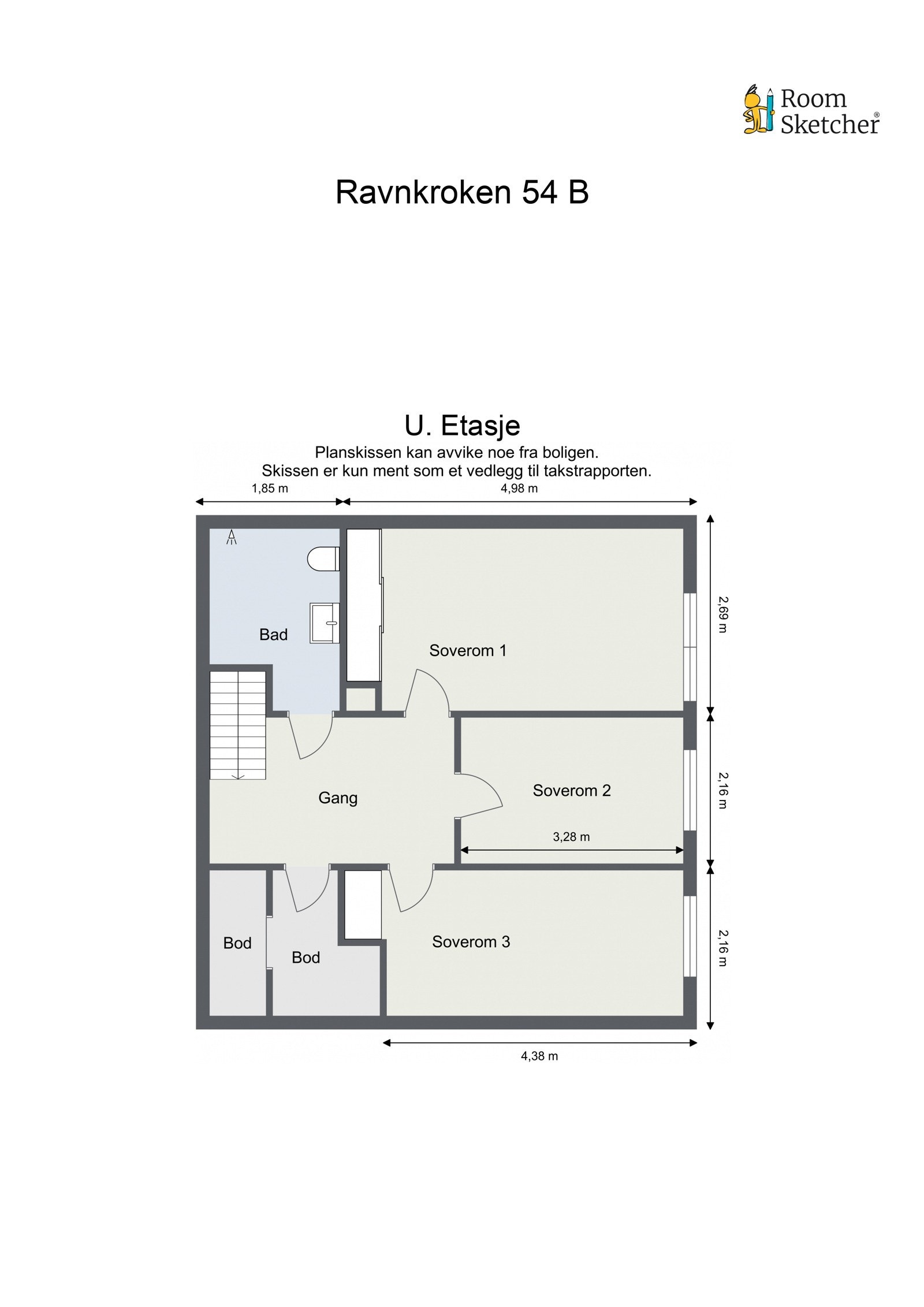 Underetasjen har tre soverom, bad, gang og to boder. Galleribilde