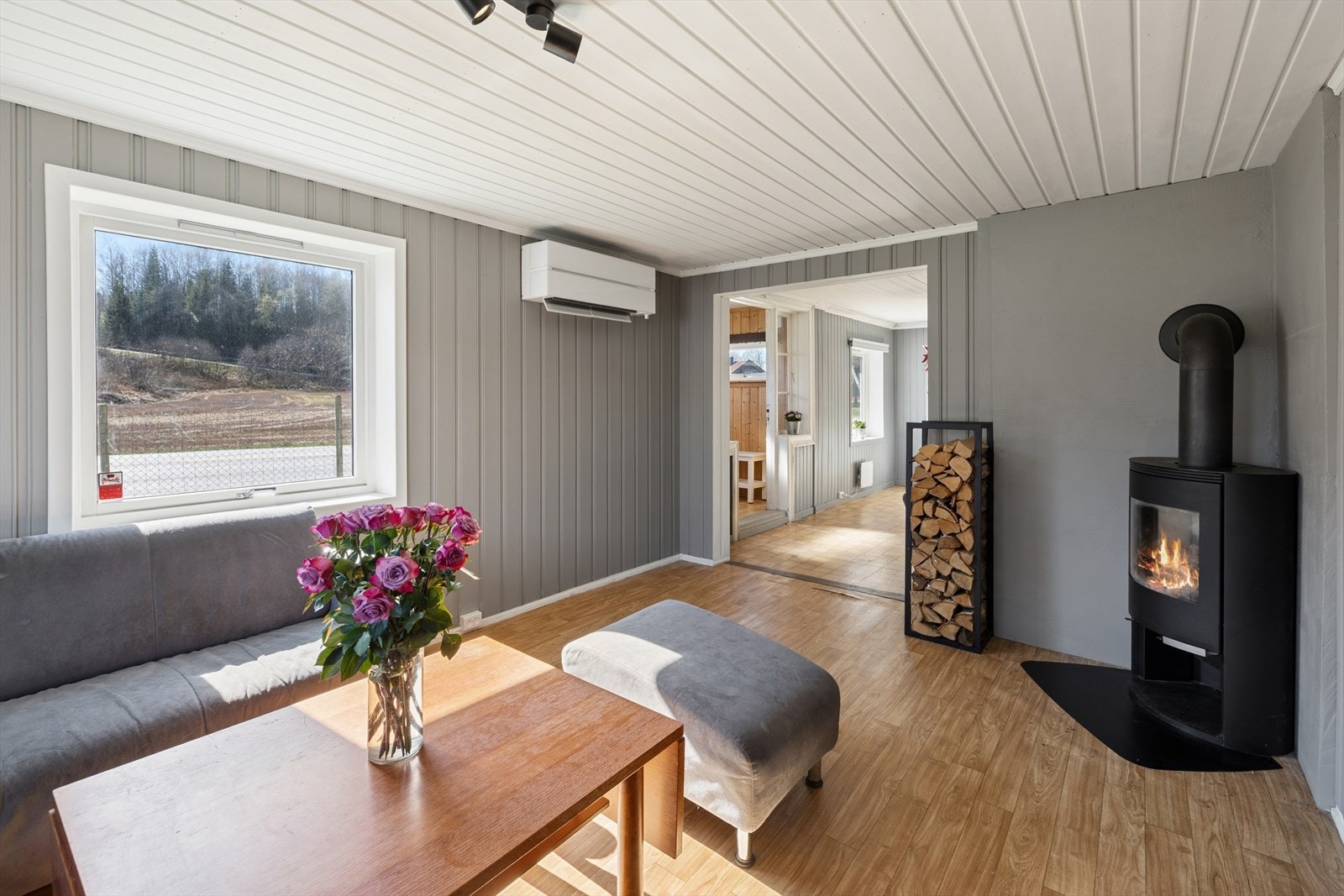 Stue hvor du har både peisovn og varmepumpe som oppvarmingskilder. Galleribilde