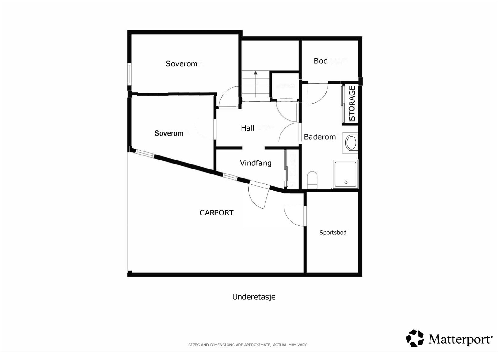 1. etasjen inneholder entré, to soverom, bad/vaskerom og bod. Carporten gir skjermet adkomst. Galleribilde
