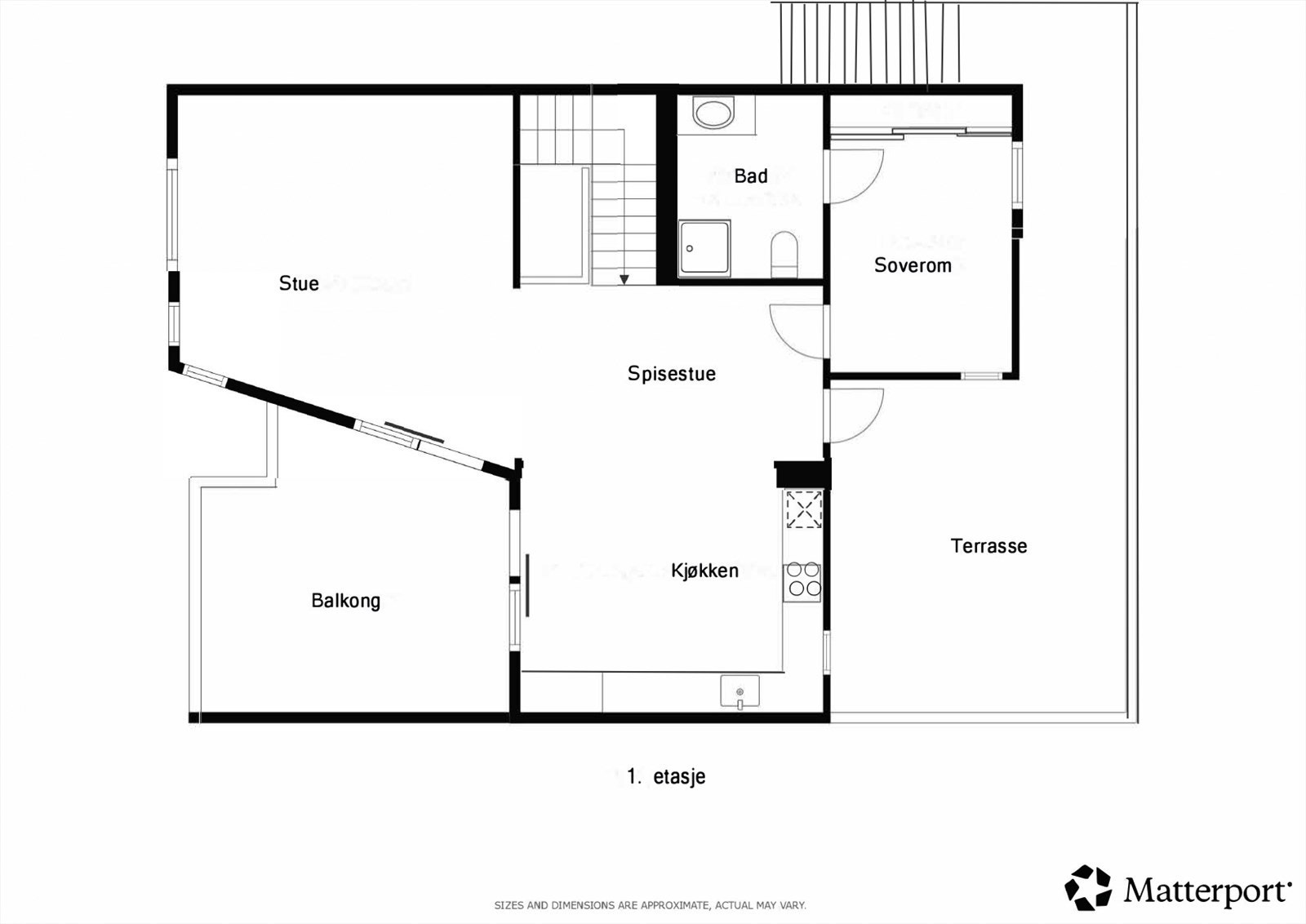 Hovedetasjen har en åpen og sosial planløsning med stue og kjøkken, ett soverom, bad og utgang til uteplasser på begge sider. Galleribilde