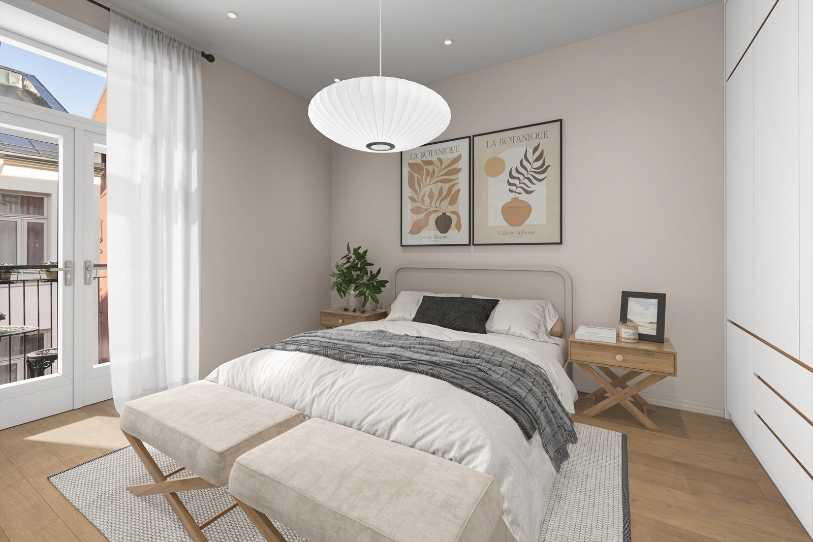 Digital styling for å vise hvordan det kan bli dersom man flytter kjøkkenet til stuen og etablerer soverom på kjøkkenet. Dette er ment som inspirasjon. Selger/megler tar ikke ansvar for tiltakets gjennomførbarhet. Galleribilde