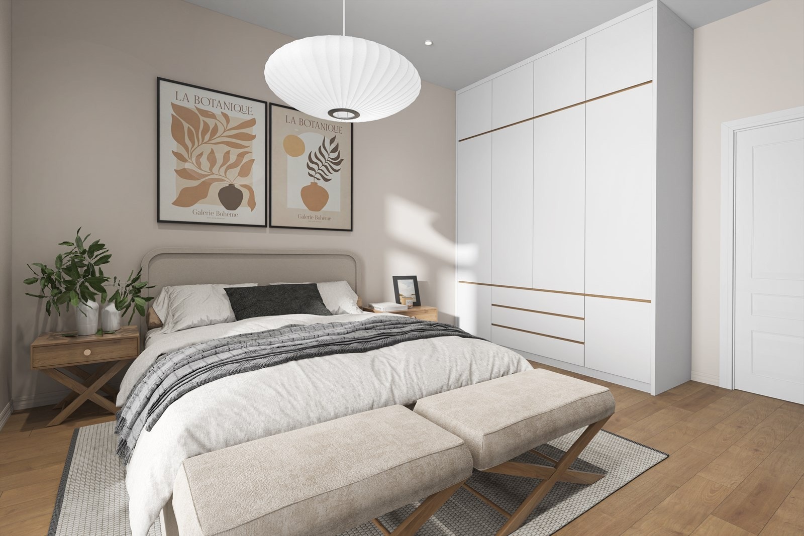 Digital styling for å vise hvordan det kan bli dersom man flytter kjøkkenet til stuen og etablerer soverom på kjøkkenet. Dette er ment som inspirasjon. Selger/megler tar ikke ansvar for tiltakets gjennomførbarhet. Galleribilde