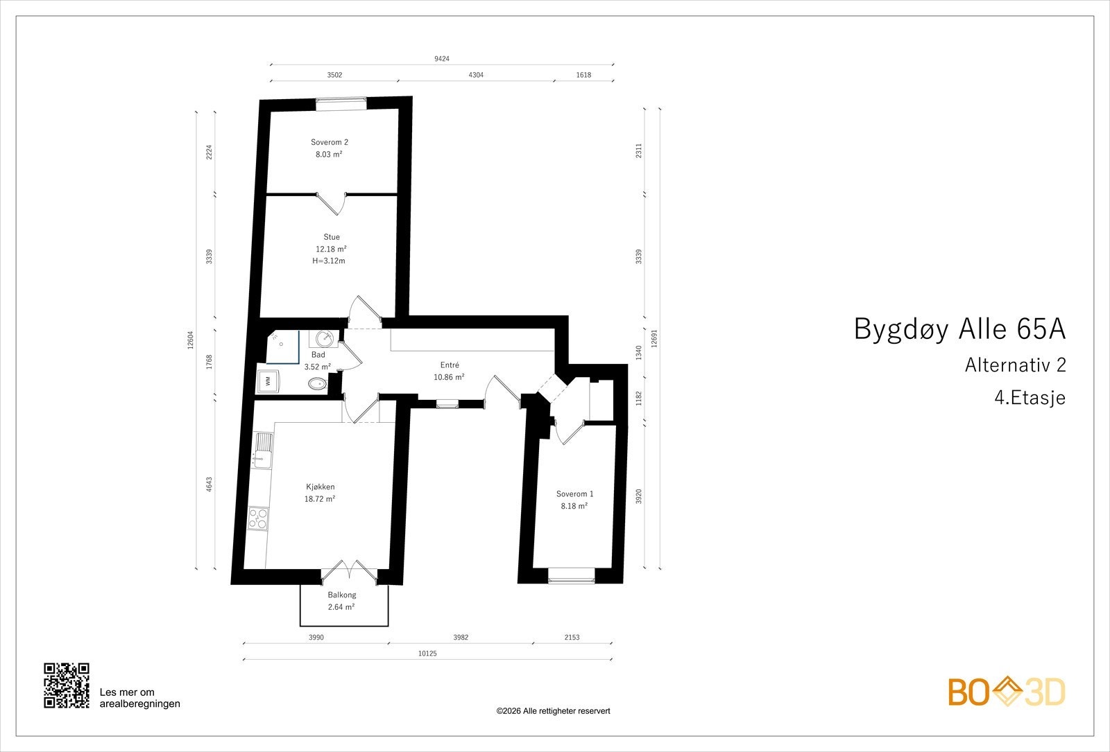 Alternativ planløsning hvor stuen deles av for å etablere Soverom 2. Dette er ment som inspirasjon. Selger/megler tar ikke ansvar for tiltakets gjennomførbarhet. Galleribilde