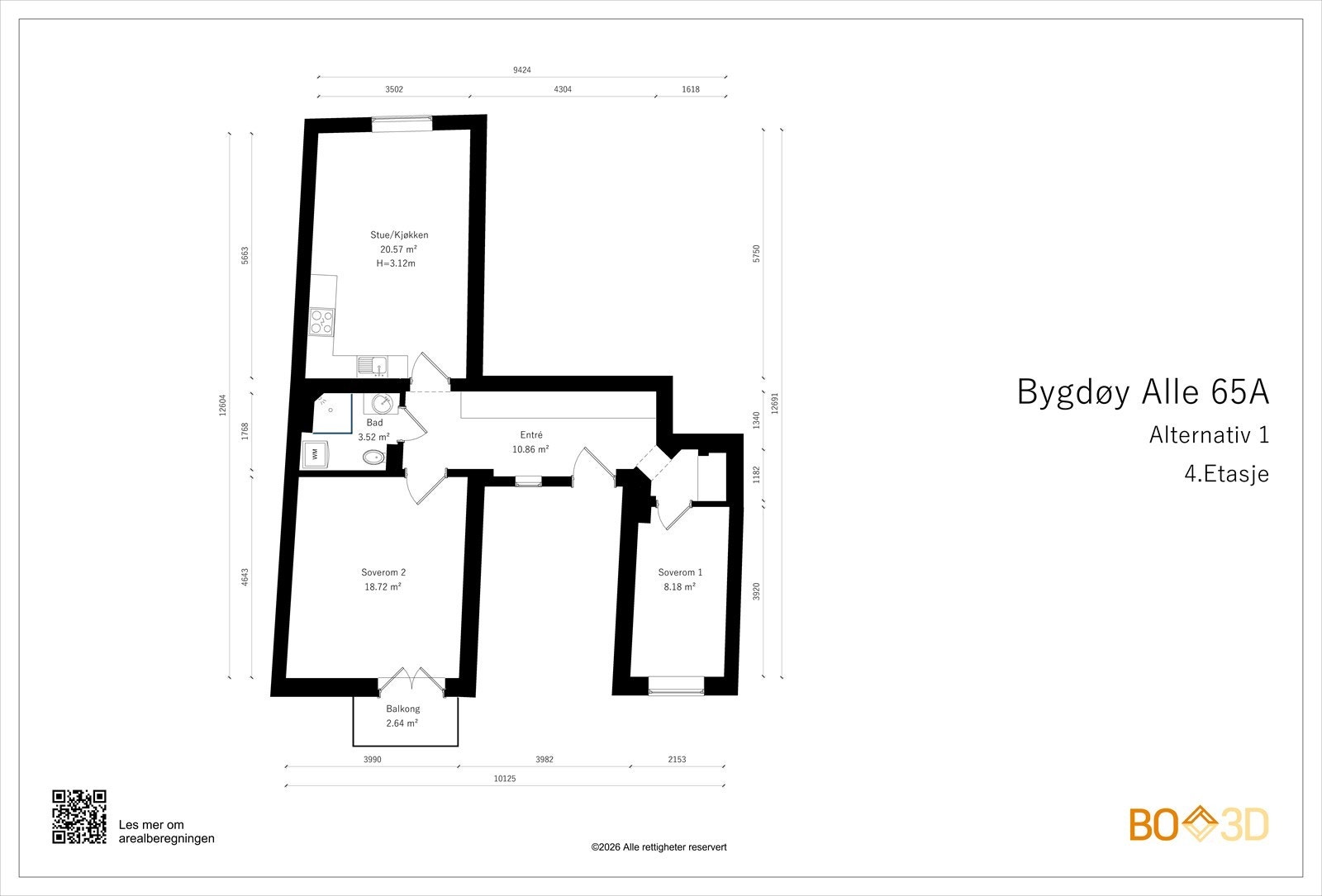 Alternativ planløsning hvor kjøkkenet flyttes til stuen for å etablere et ekstra soverom der kjøkkenet er i dag. Dette er ment som inspirasjon. Selger/megler tar ikke ansvar for tiltakets gjennomførbarhet. Galleribilde