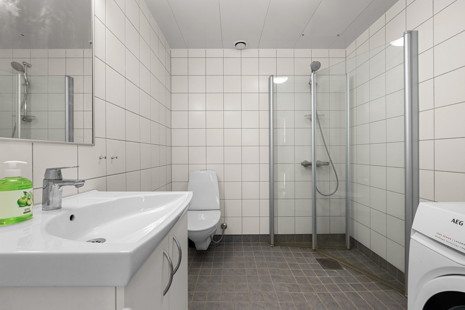 Utstyrt med med dusj med innfellbare vegger, toalett, servant med servantskap, og opplegg for vaskemaskin. Galleribilde