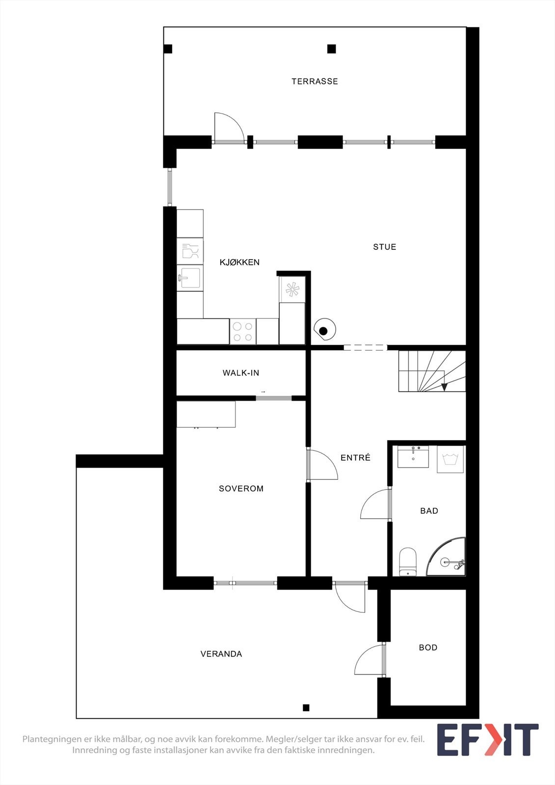 Første etasje har en arealeffektiv planløsning på 63 m² som inkluderer stue, kjøkken, soverom, bad og en praktisk innvendig bod. Galleribilde