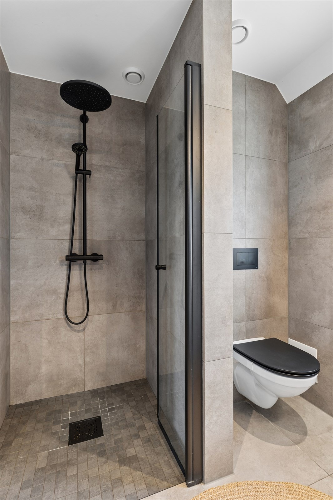 Badet i denne etasjen har en romslig dusjnisje med glassdører og vegghengt toalett Galleribilde