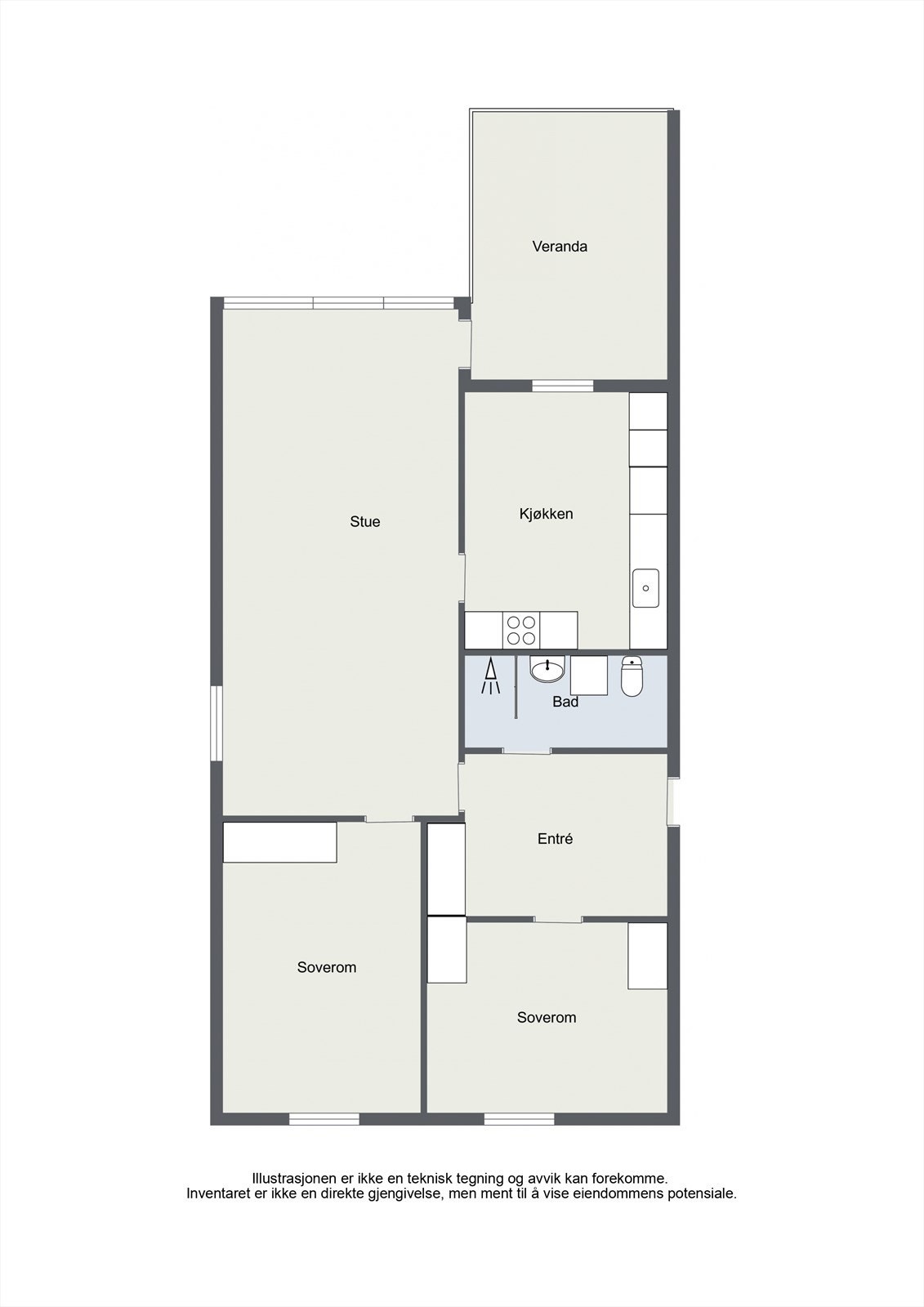 Leiligheten har en praktisk planløsning på 73 m² som rommer entré, stue, kjøkken, to soverom og bad. Galleribilde
