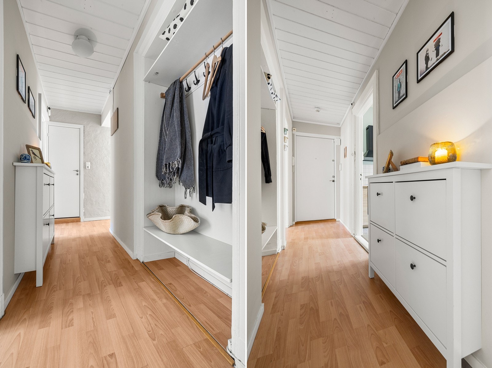 Romslig og lys entré med god plass til oppbevaring av yttertøy og sko. Det er montert dørcalling Galleribilde