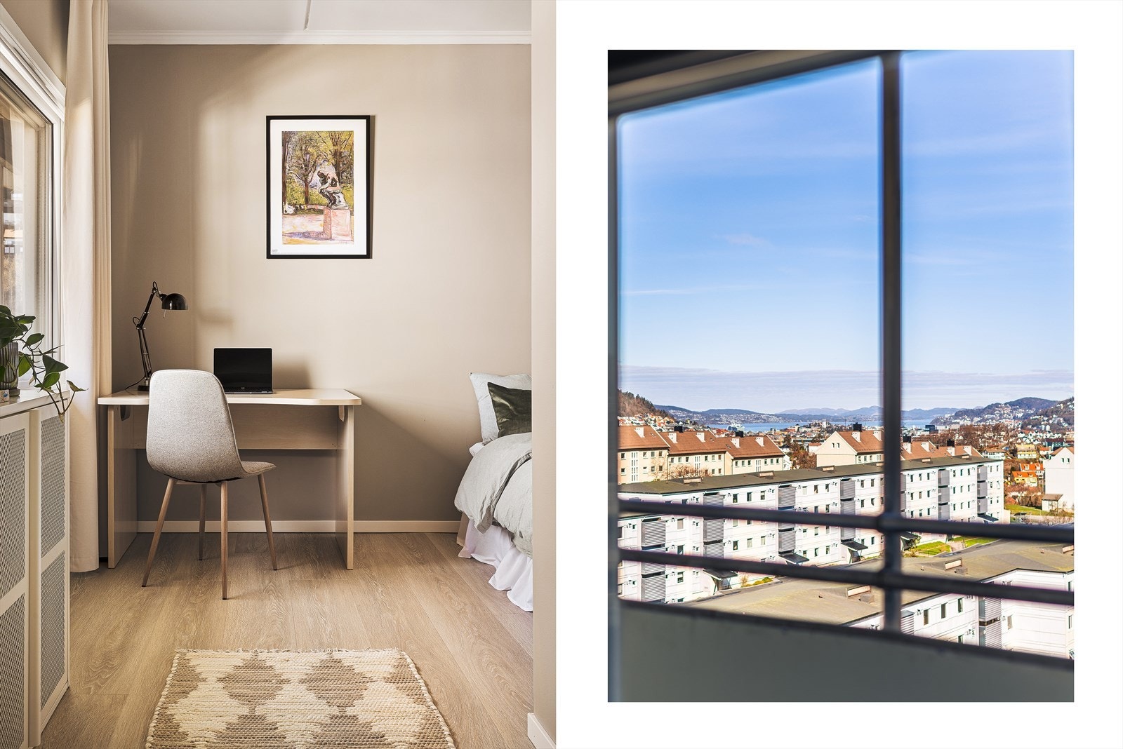 Fra soverommet er det nydelig utsikt mot Ulriken, Fløyen, innseilingen til Bergen, sentrum og Askøy. Galleribilde