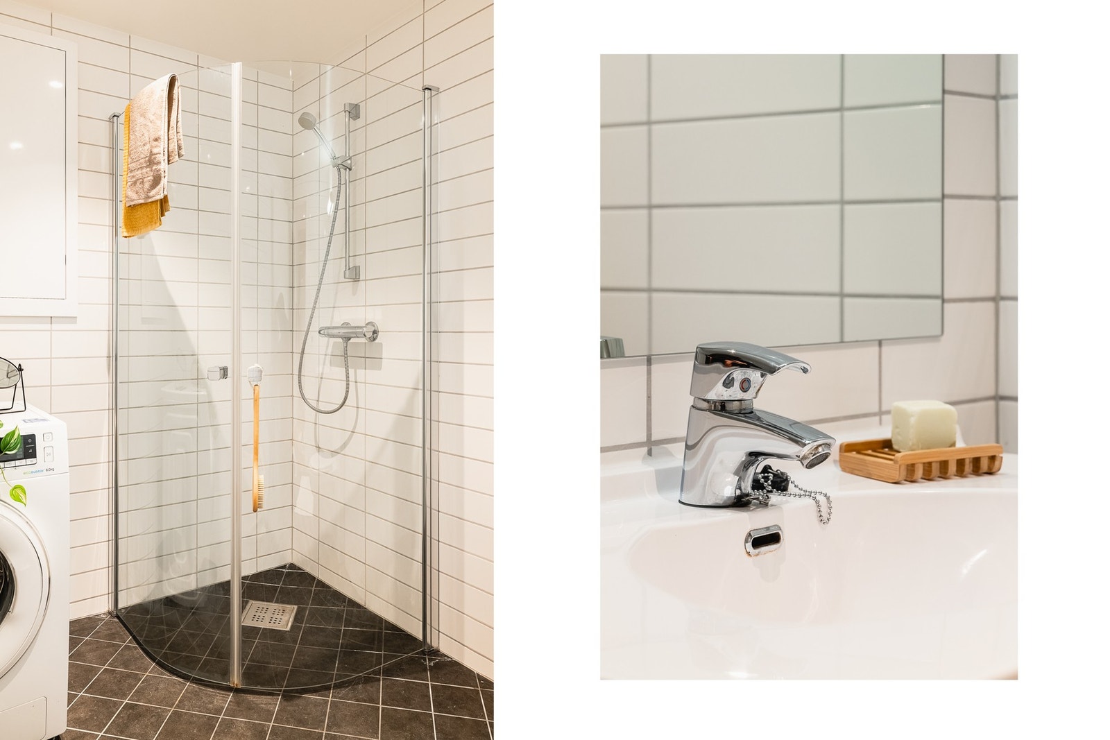 Badet inneholder vegghengt toalett, helstøpt servant, skap under servant med slette fronter, dusjdører i klart glass og opplegg for vaskemaskin. Galleribilde