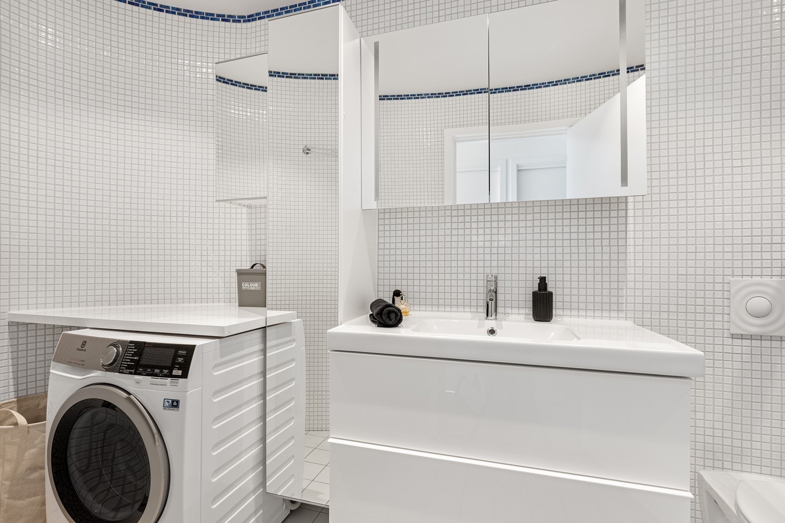 Dette badet fungerer også som vaskerom, med praktisk opplegg for vaskemaskin. Galleribilde