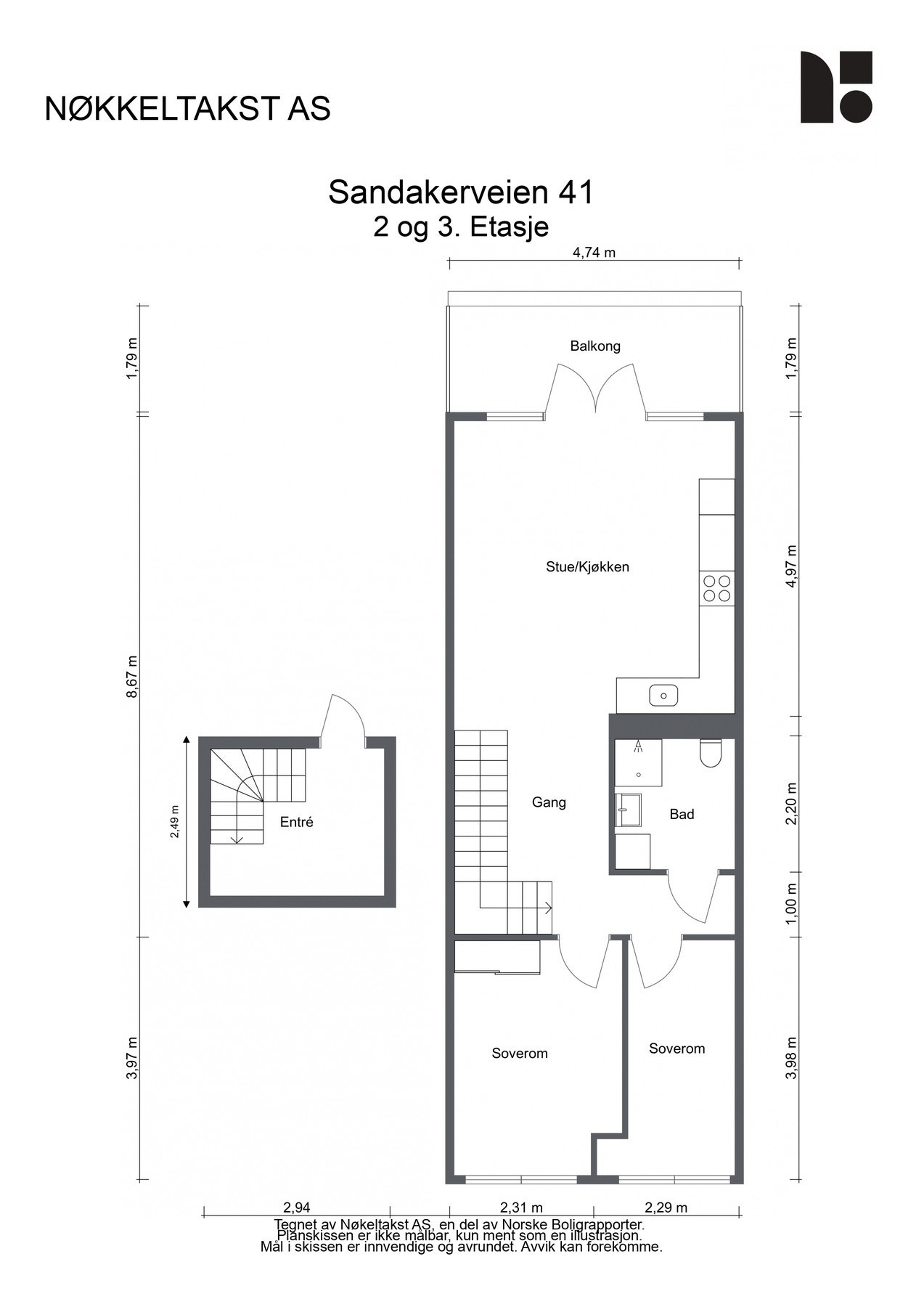 Planskisse 2.etg/3.etg: BRA-i: 68 kvm: Entré, trapp opp til åpen kjøkken/stueløsning, to soverom og baderom. Kjellerbod på 5. kvm. Galleribilde