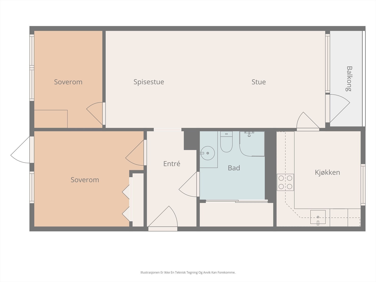 Leiligheten på 66 m² har en god planløsning med entré, to soverom, bad, separat kjøkken og stue med utgang til balkong. Galleribilde