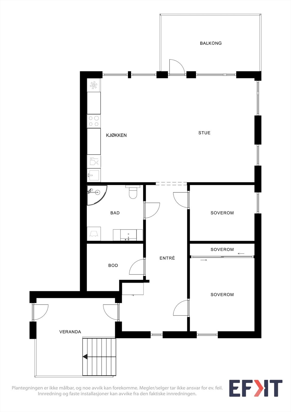 Leiligheten har en praktisk planløsning med to soverom, bad, og en åpen sone for stue og kjøkken. Plantegningen er ment som en illustrasjon, og den faktiske rominndelingen er som beskrevet i salgsoppgaven. Galleribilde