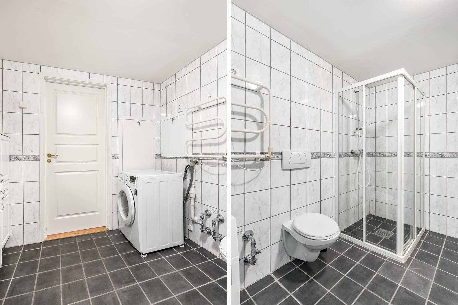 Forhold knyttet til badets tettesjikt og overflater på vegger, herunder riss/sprekker i fliser, er gitt TG 3. Ytterligere undersøkelser er anbefalt. Vaskemaskin medfølger. Galleribilde