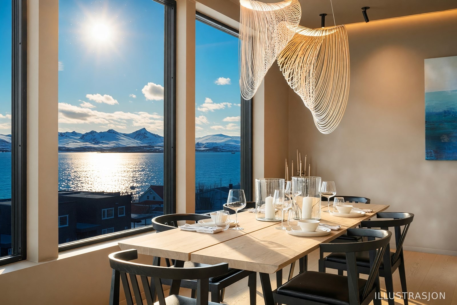 Moderne, dimmbare lamper fra Luceplan medfølger i salget. (pent vær av AI) Galleribilde