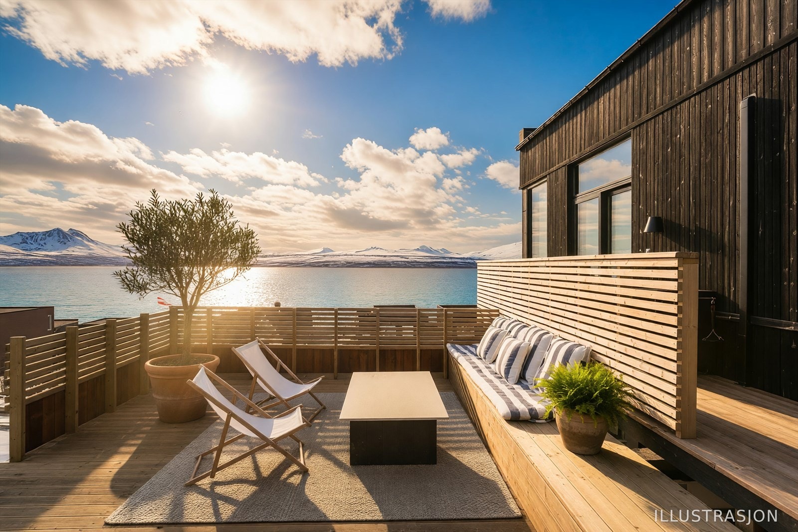 Gode solforhold på romslig terrasse mellom ca kl 10 - 20 på høysommeren. (pent vær og planter av AI) Galleribilde