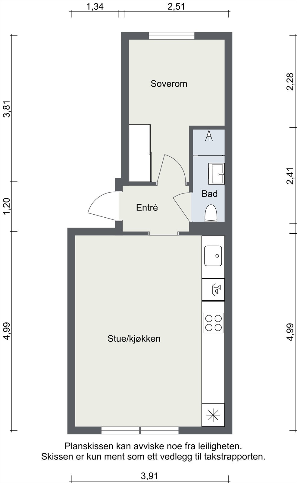 Leiligheten har en arealeffektiv planløsning på 34 m² BRA, med en åpen stue- og kjøkkenløsning og et separat soverom Galleribilde