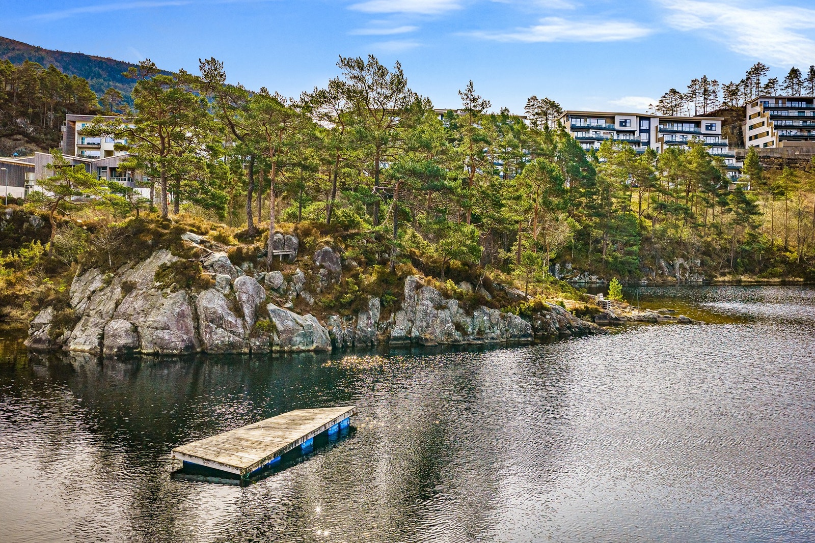 Flott badeplass med badebrygget på et ned like nedenfor. Galleribilde