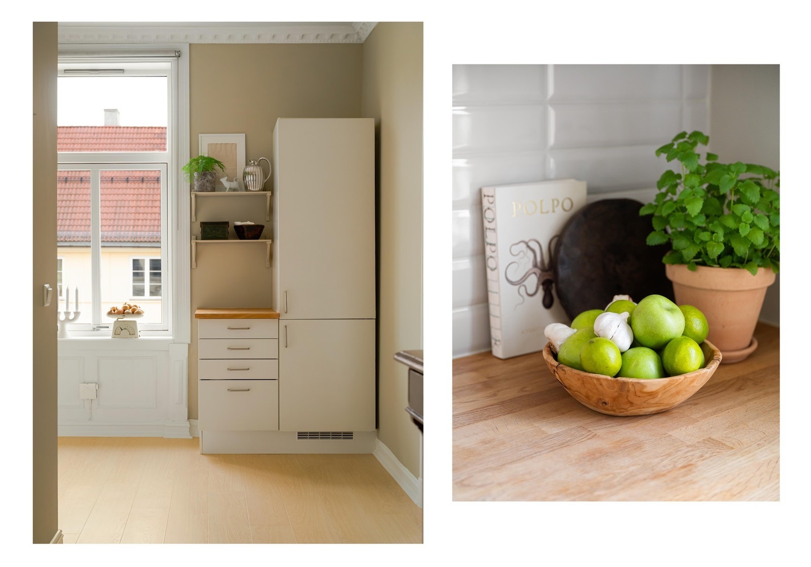 Alle hvitevarene på kjøkkenet er integrerte og medfølger salget. Fra kjøkkenet er det hyggelig utsyn mot det yrende bylivet på gaten utenfor. Galleribilde