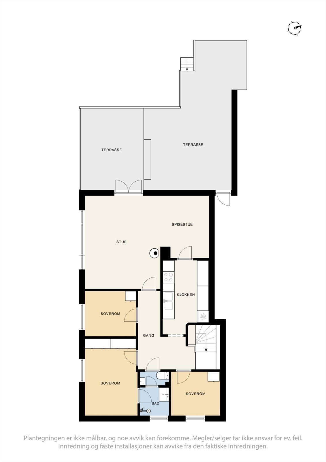 Hovedetasjen samler stue, kjøkken og tre soverom Fra stuen er det utgang til en store terrasser på til sammen 38 m². Galleribilde
