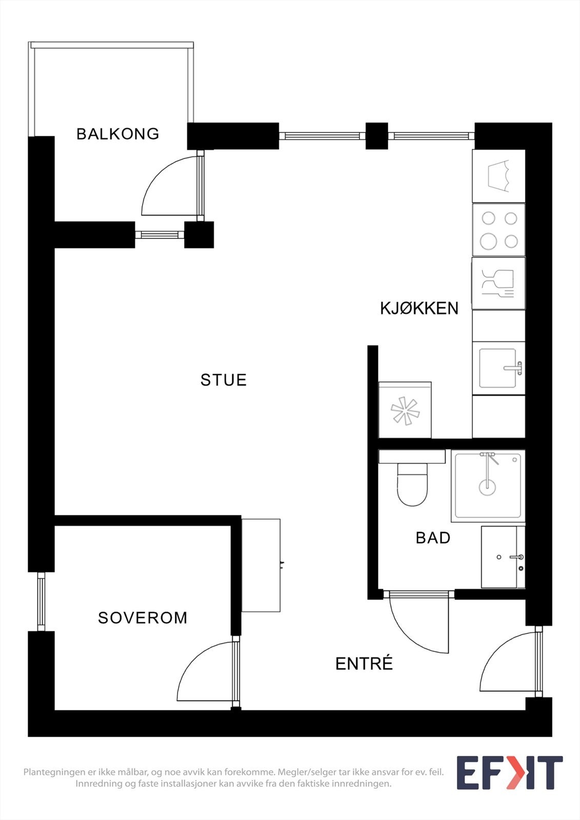 Leiligheten har en effektiv planløsning på 32 m² som utnytter arealet godt, med en åpen sosial sone. Galleribilde