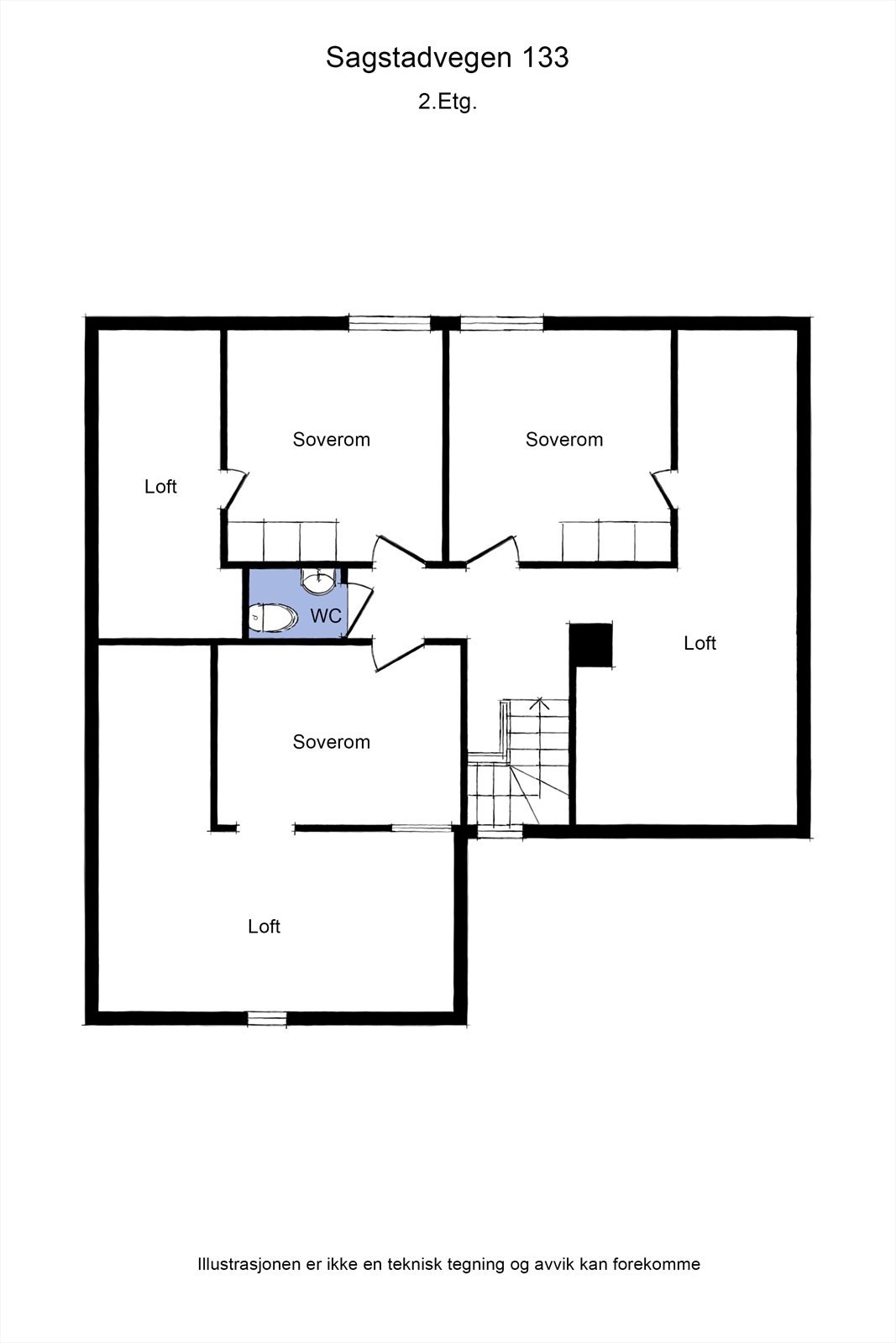 Boligen har et stort loft med 3 soverom, wc-rom og godt med lagringsplass. Galleribilde