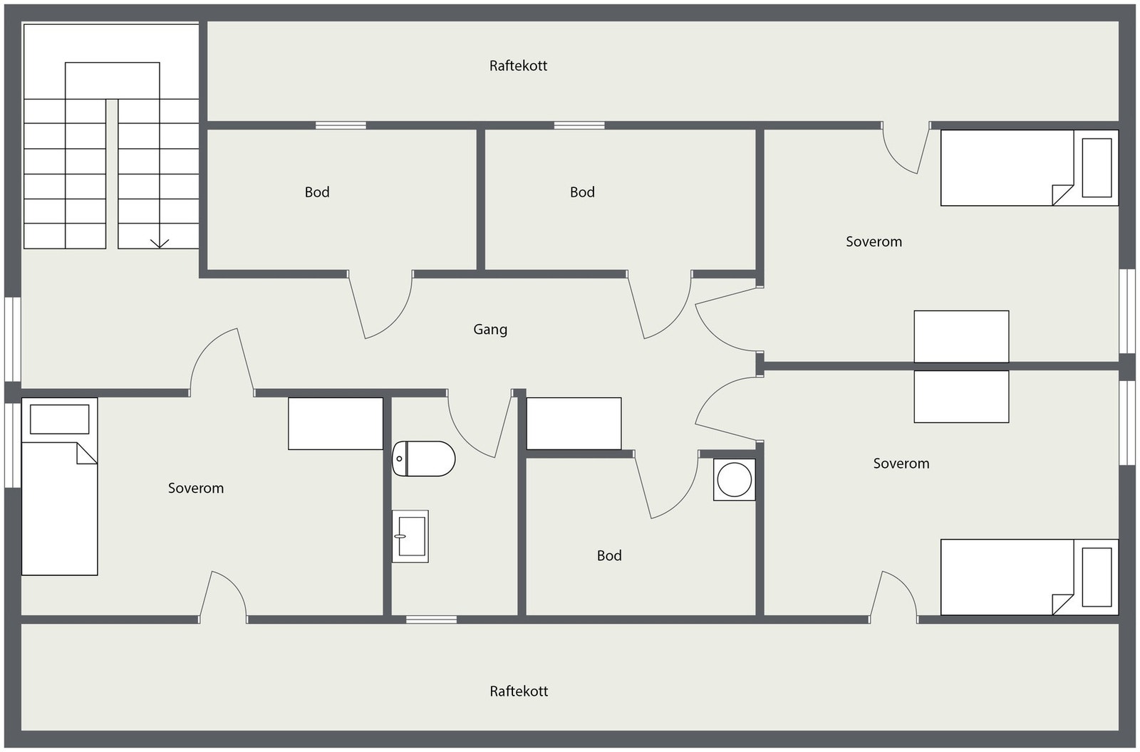 Planskisse 2D - Loft. Dette viser dagens planløsning og er ikke iht dagens byggetegning. Loftet må bruksendres hos bygningsmyndighetene. Galleribilde