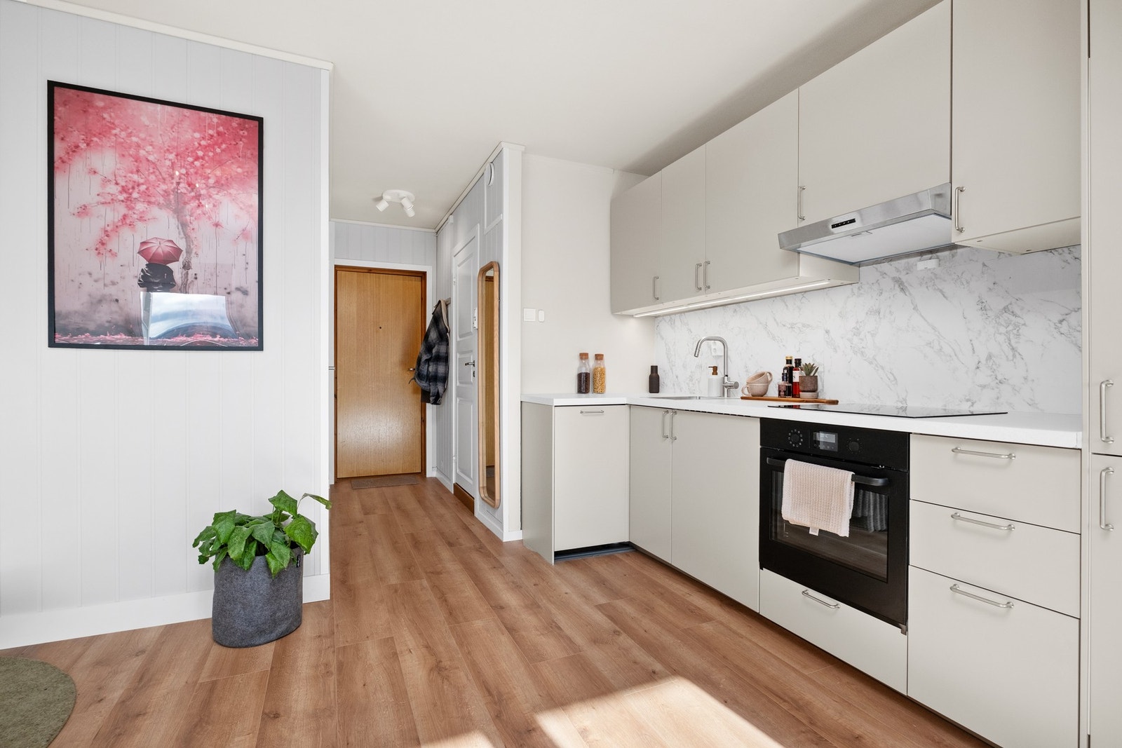 Det er avsatt plass til vaskemaskin til venstre for stekeovnen. Galleribilde