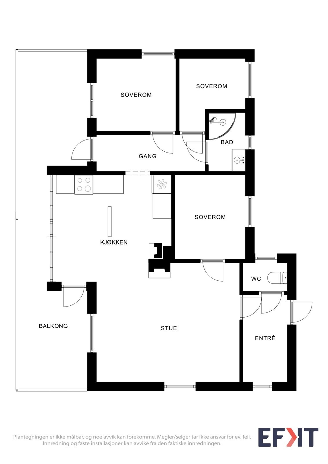 Hytta har en arealeffektiv planløsning over ett plan, med tre soverom, stue, kjøkken og bad. Galleribilde