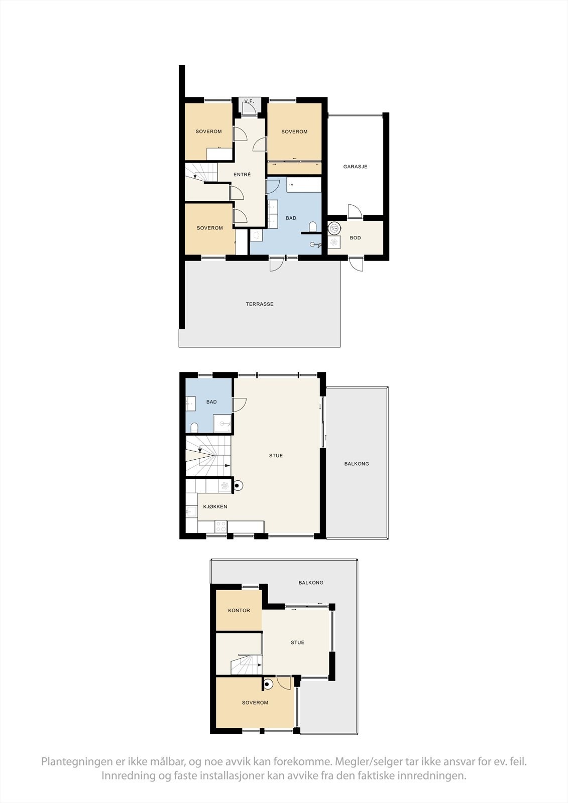 Boligen strekker seg over tre plan og har en familievennlig romfordeling med totalt fire soverom, to stuer og to bad. Galleribilde