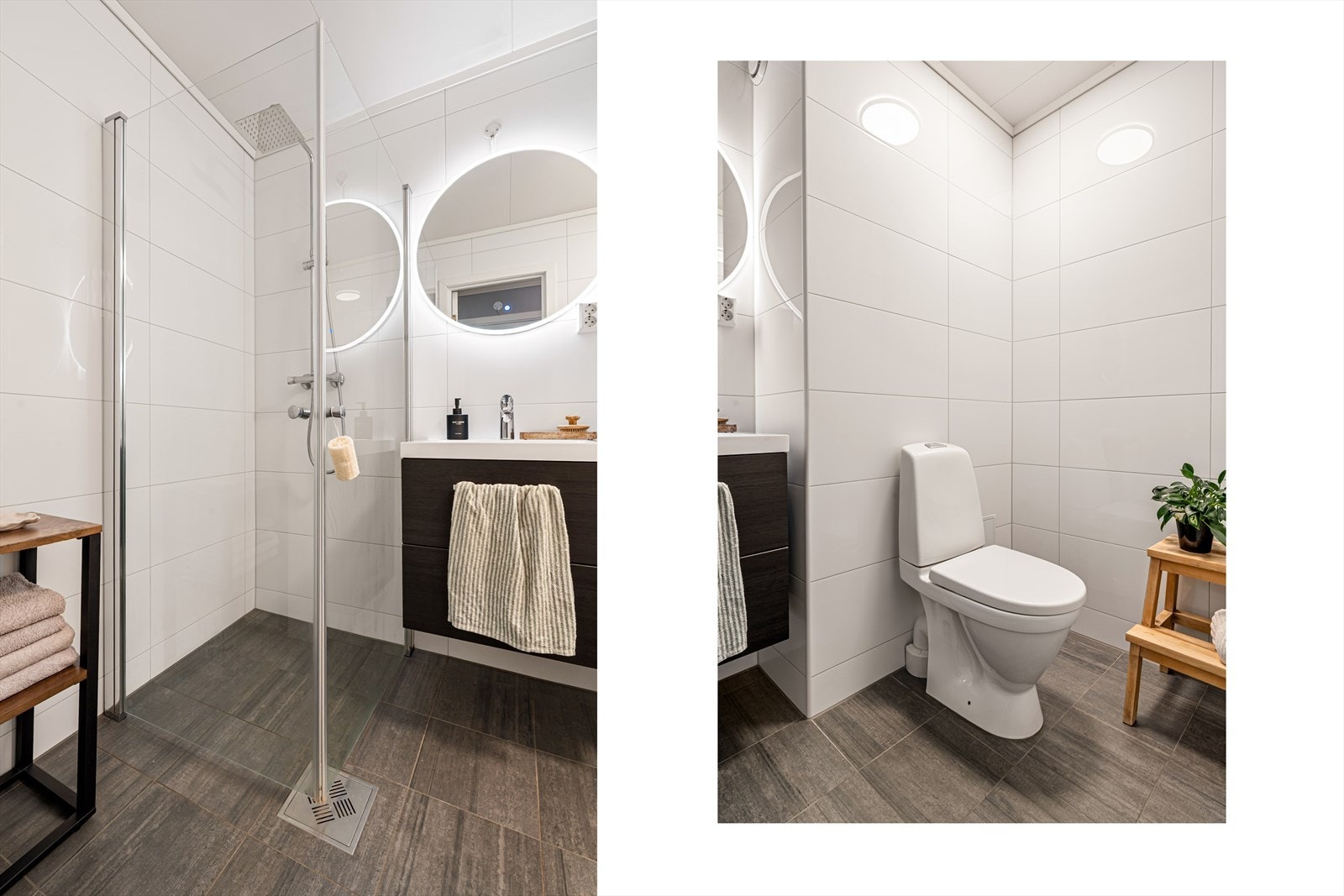 Badet er innredet med stilrent baderomsmøbel med servant, speil med belysning, toalett og dusjnisje med glassdører. Galleribilde