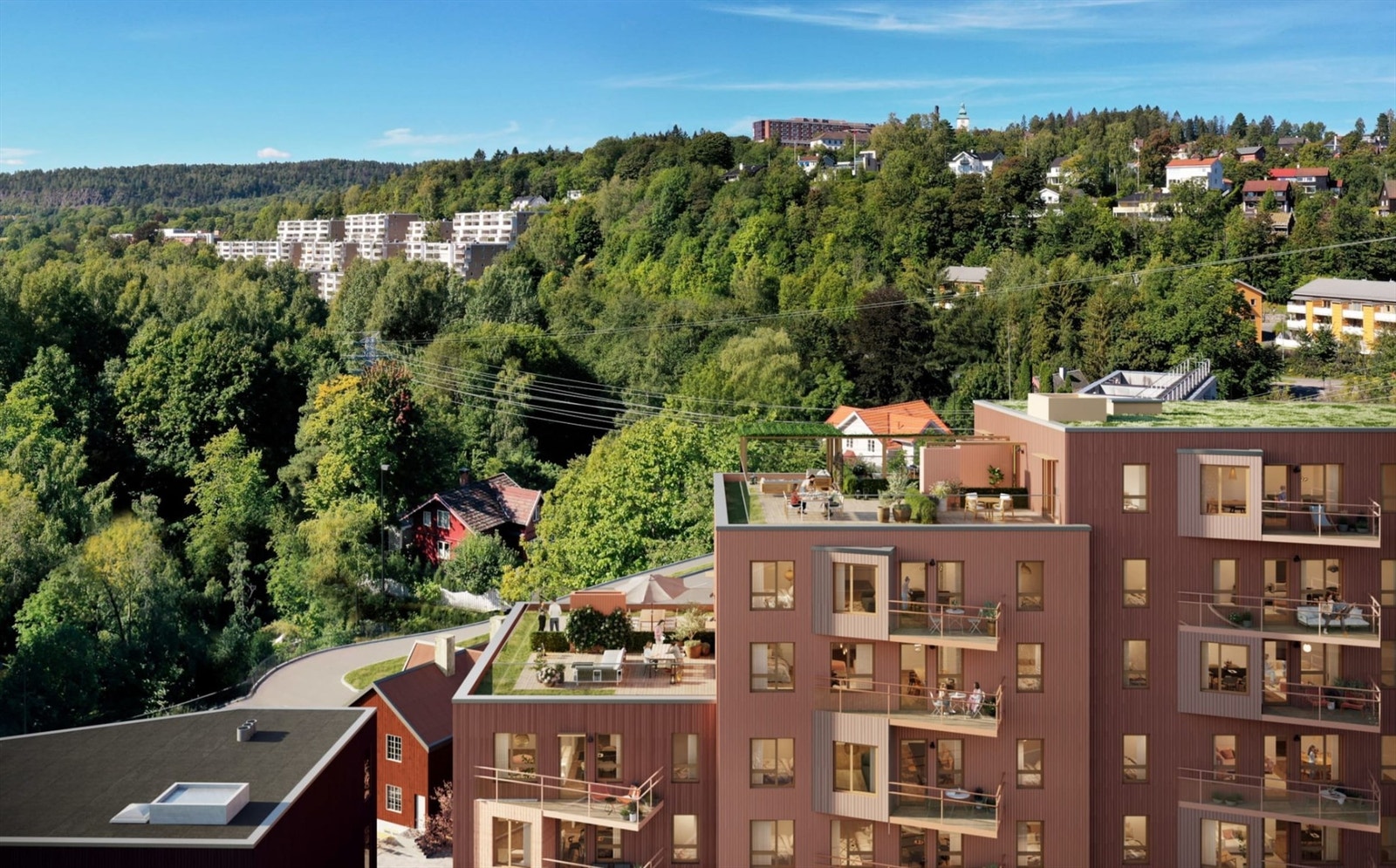 Illustrasjon | Felles takterrasse, plassert på taket av Hus 2, inngår som fellesareal og kan benyttes av alle beboere i Sameiet. Takterrassen vil bestå av felles sone med pergola, avslapningssoner og beplantning. Avvik kan forekomme. Galleribilde