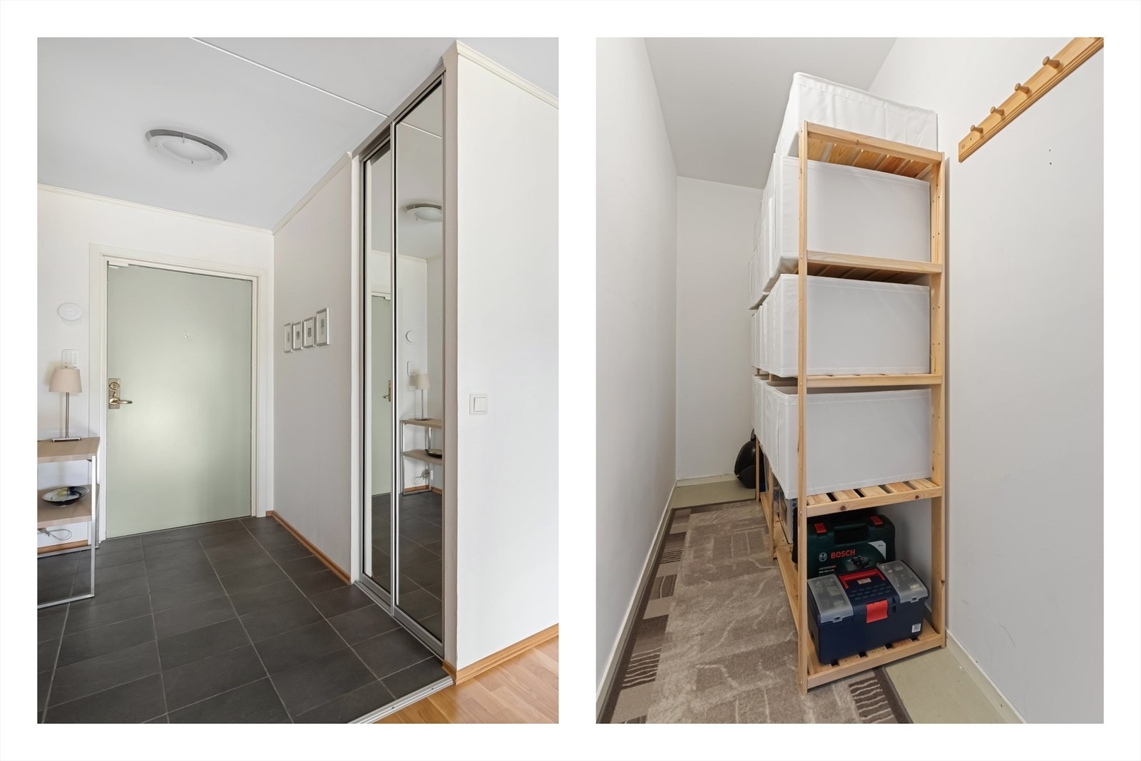 Romslig gang/entré med flislagt gulv med varme, samt praktisk innvendig bod Galleribilde
