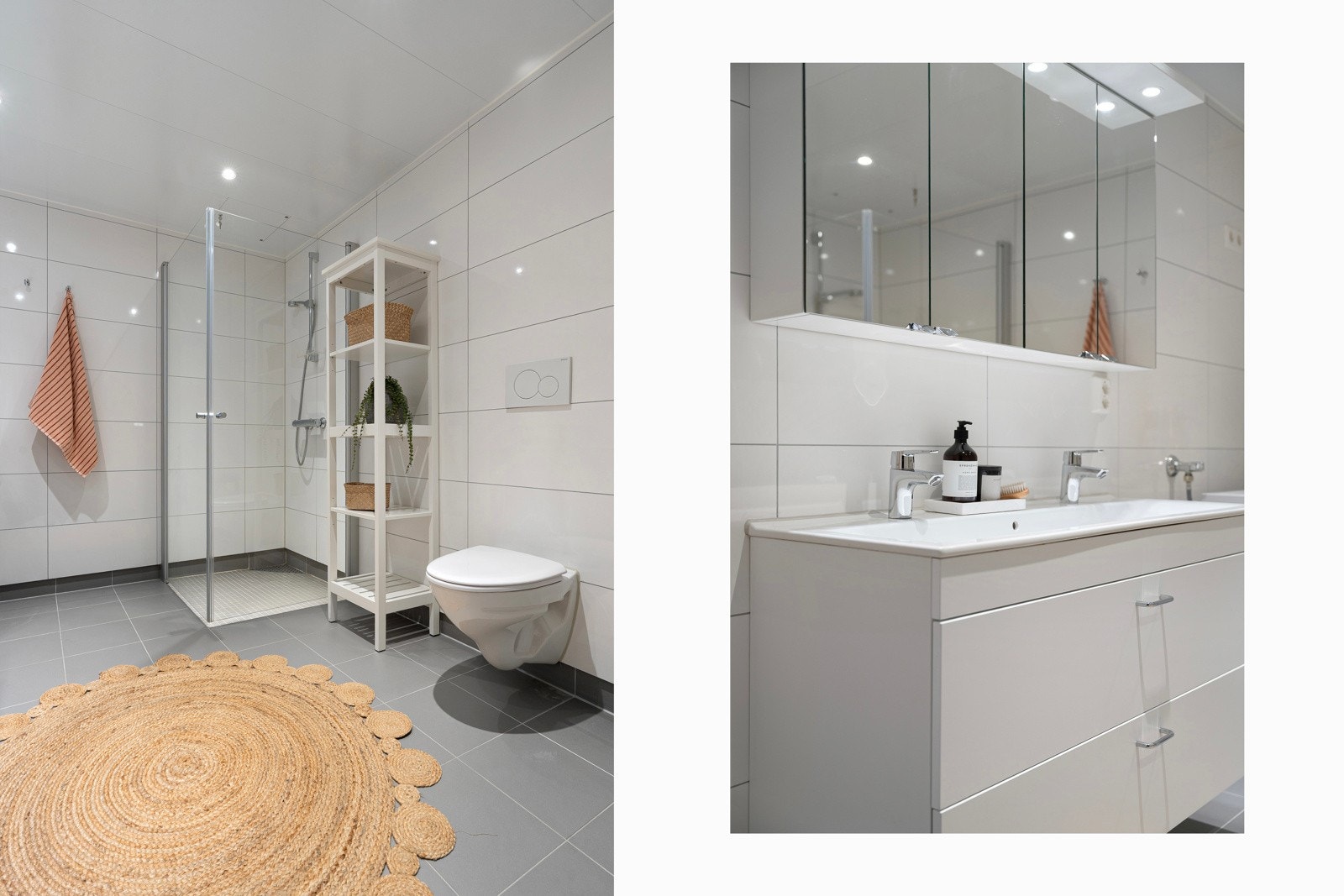 Badet har vegghengt wc, dusjhjørne med innfellbare glassdører og opplegg for vaskemaskin