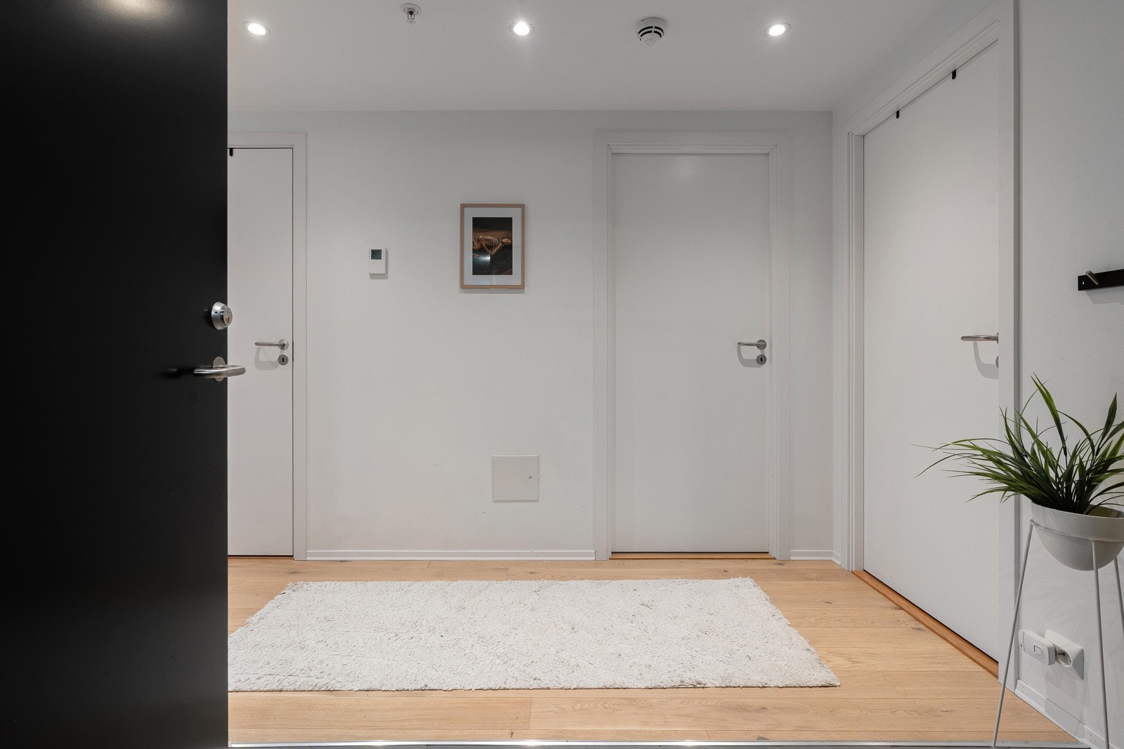 Gang med parkettgulv og downlights i himling. Det er også adkomst til en innvendig bod