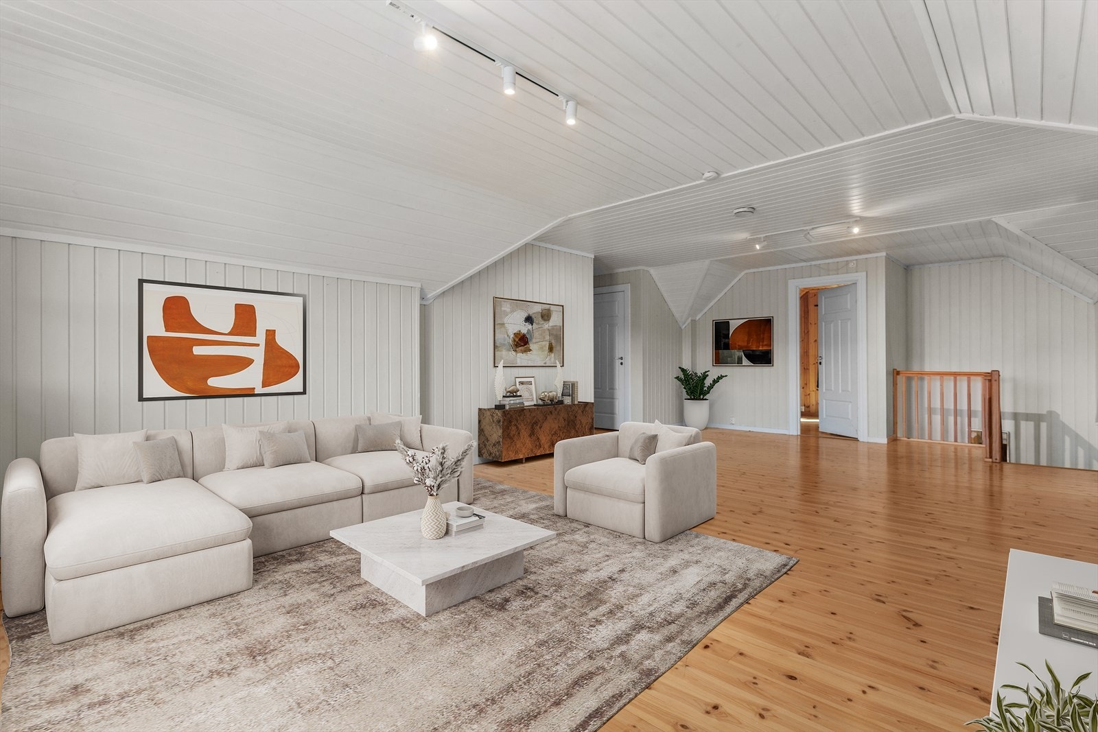 Boligens 2. etasje har loftstue på hele 42m² samt tre soverom, bad, bod og kontor/soverom (digitalt møblert) Galleribilde
