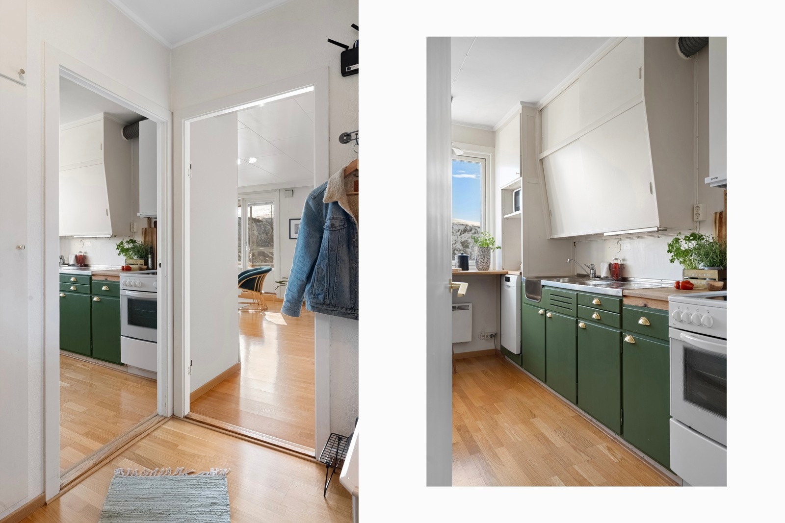 Kjøkken med oppbevaringsplass.