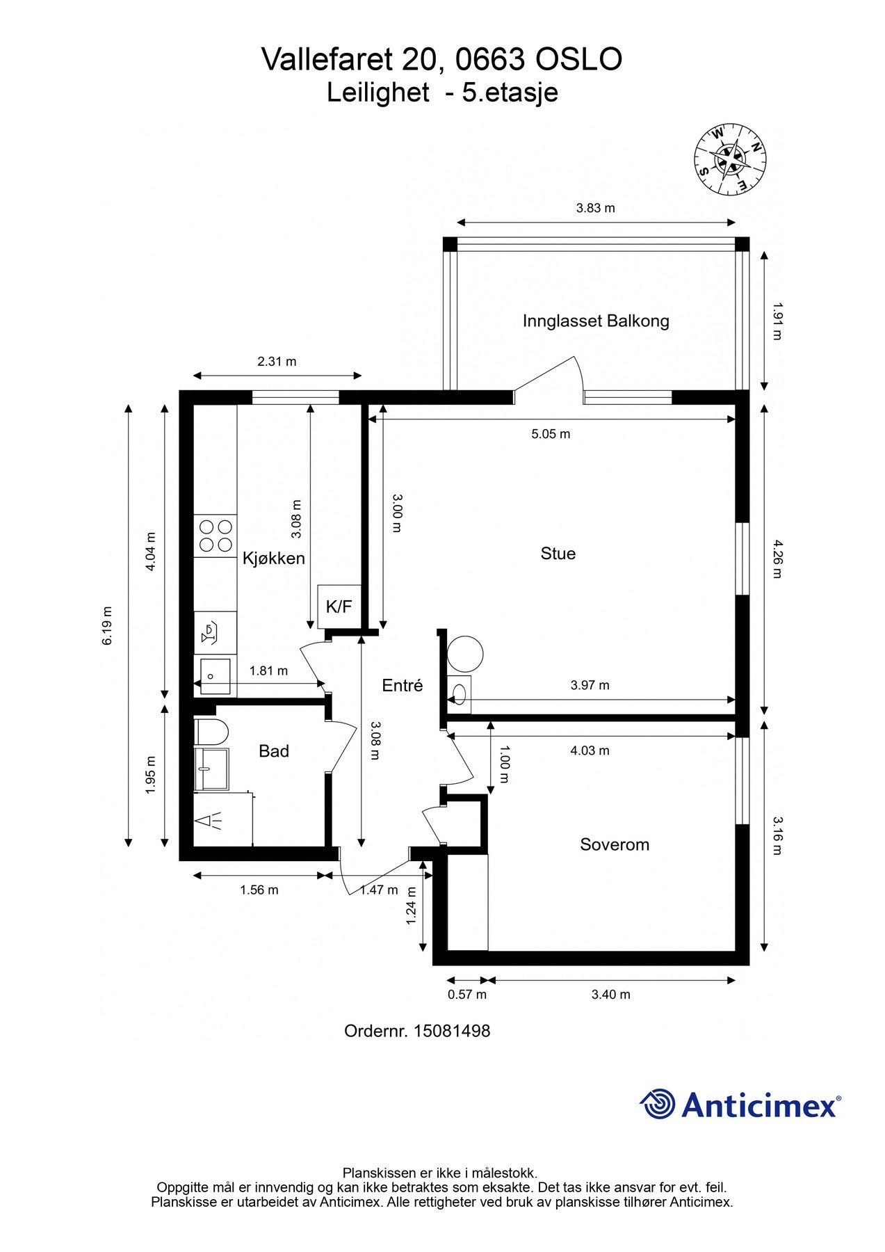 Plantegning 5. etasje. I tillegg disponerer leiligheten totalt 3 boder; en loftsbod på 4m², en kjellerbod på 4m², samt en vedbod på 1m² i kjelleren. Galleribilde