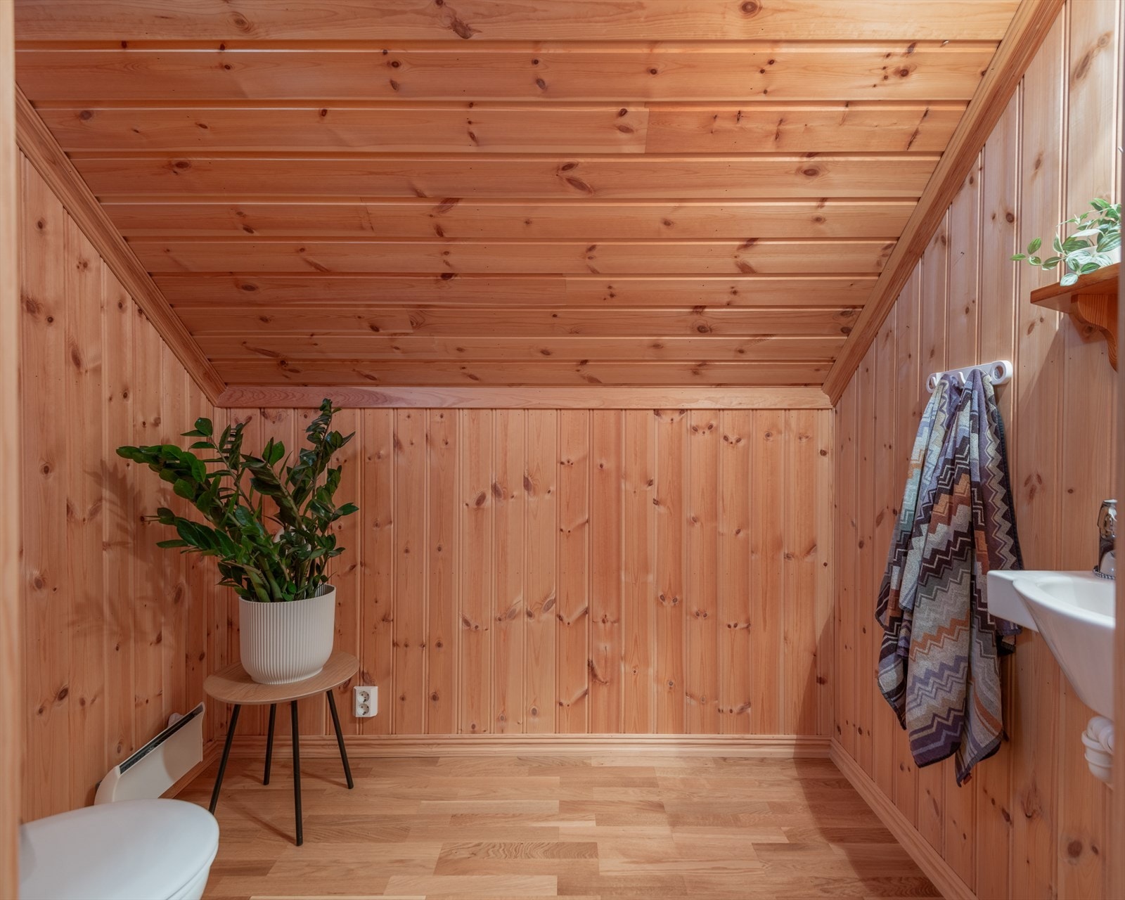 Toalettrommet har furupanel på veggene og i skråhimlingen, og eikeparkett på gulvet. Galleribilde