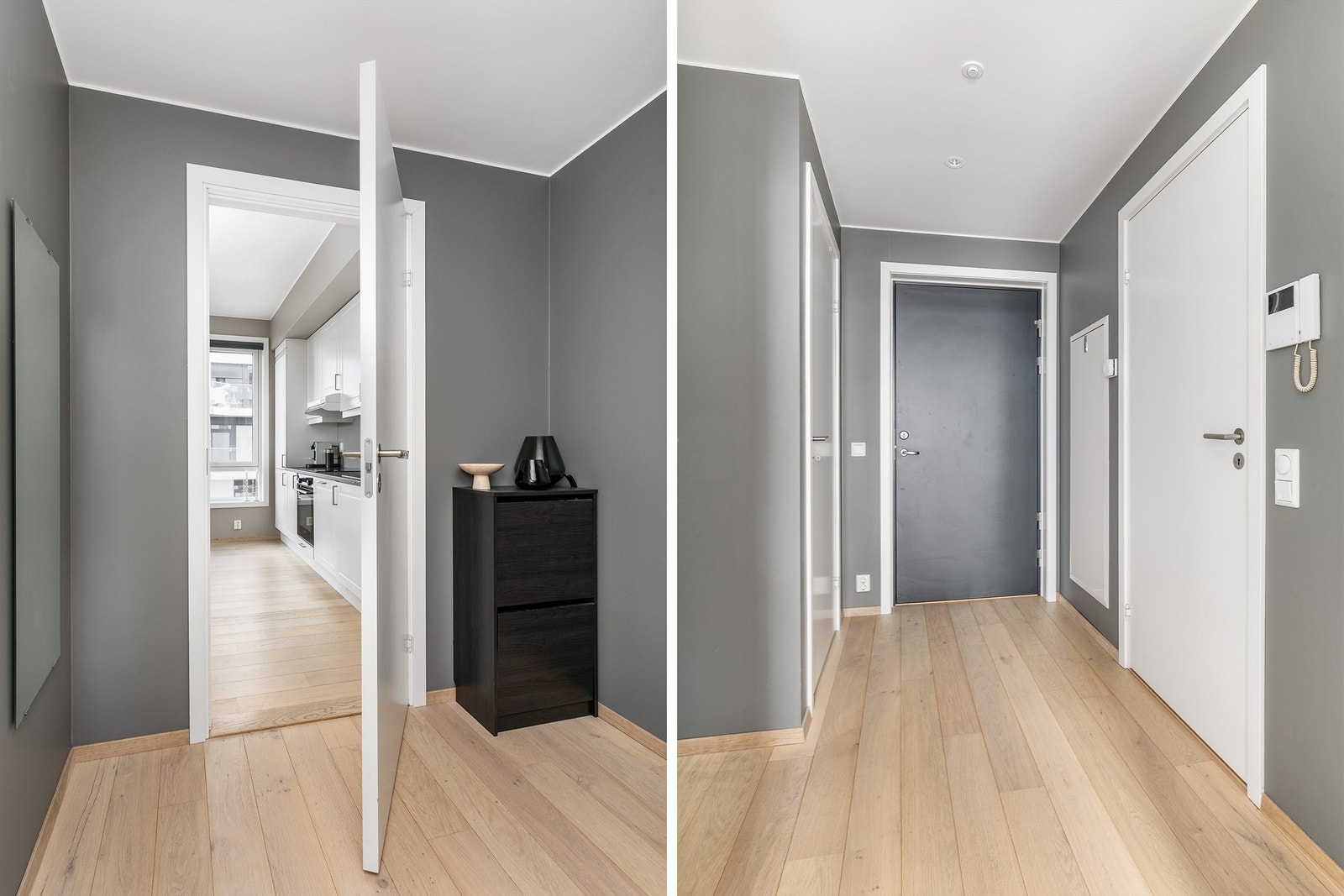 Leilighetens innvendige bod er tilgjengelig fra entreen. I entreen er det for øvrig plass til skap eller en skyvedørsgarderobe. Galleribilde