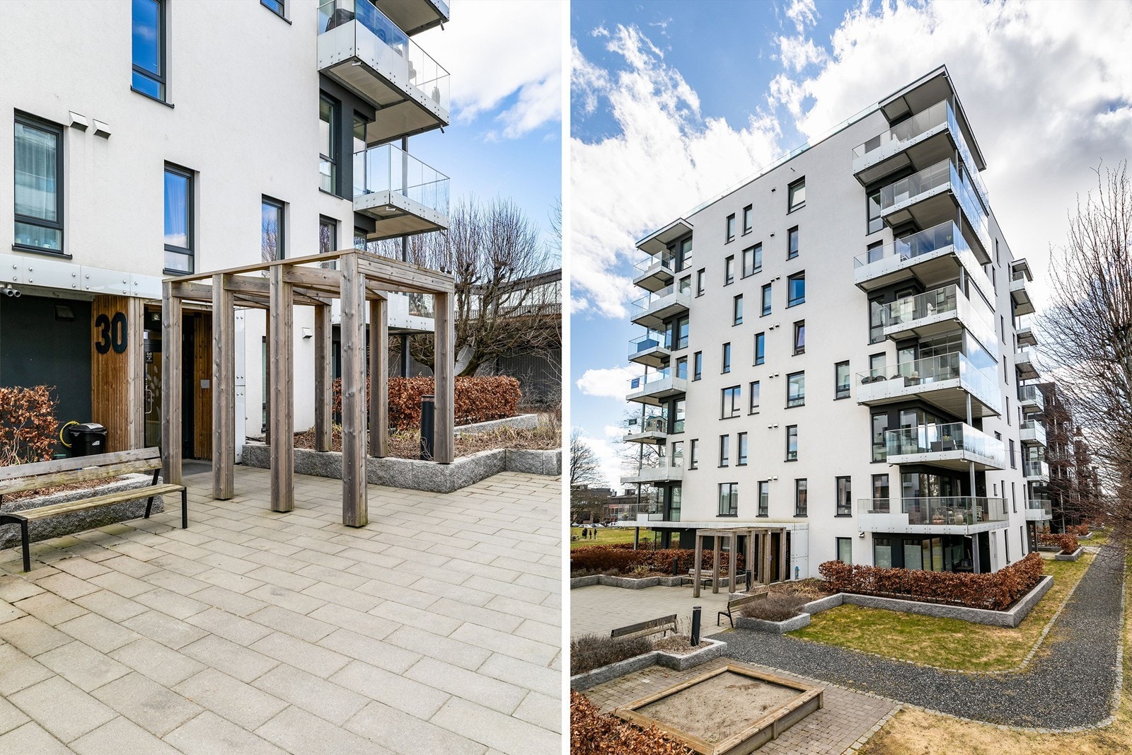 Velstelte fellesarealer med parkmessig preg omgir sameiets høyhus. Galleribilde